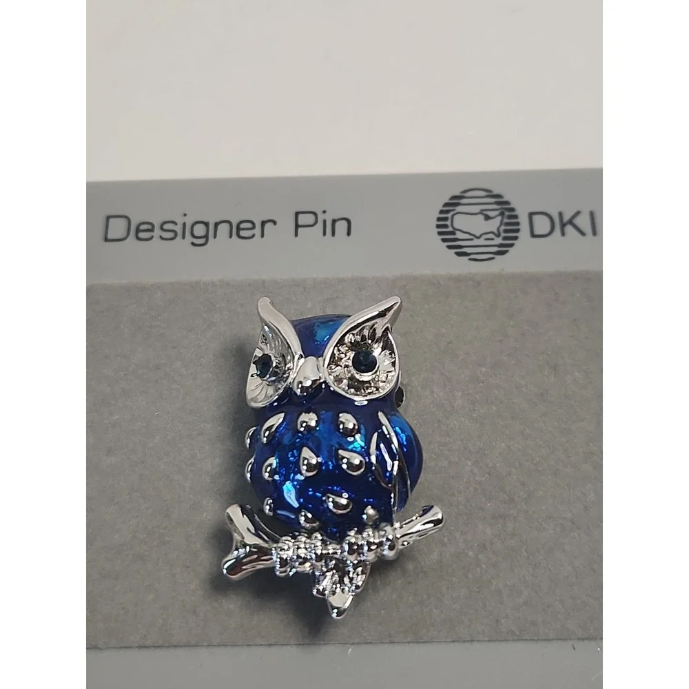 Vintage DKI Designer Pin Blue Enamel Owl Brooch 1980s On Original Card NOS 1.25